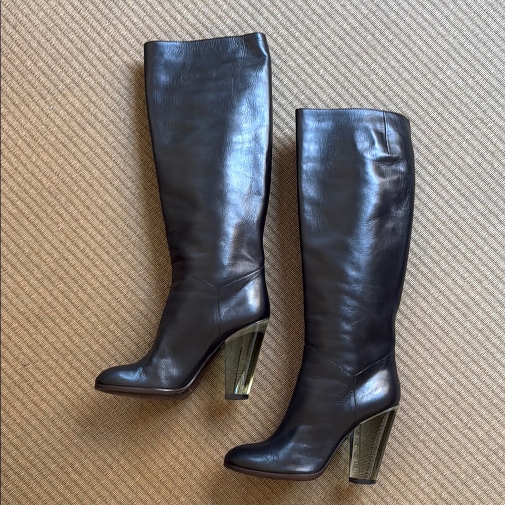 Marc by Marc Jacob’s Iconic Black Leather Knee-High Boots with Lucite Heels